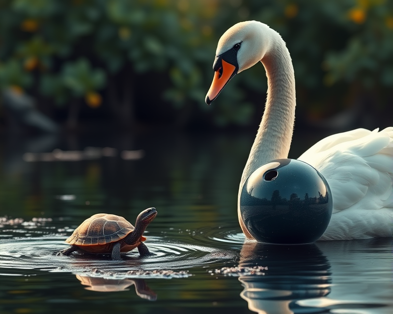 swan, bowling ball, turtle